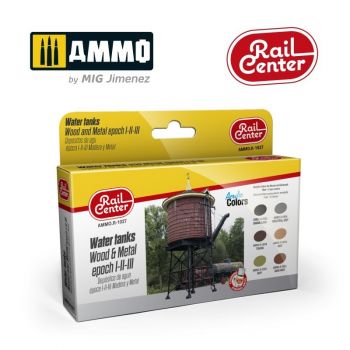 Ammo Mig Jimenez - RAIL CENTER - WATER TANKS WOOD en METAL I-II-III 15ML 6 JARS